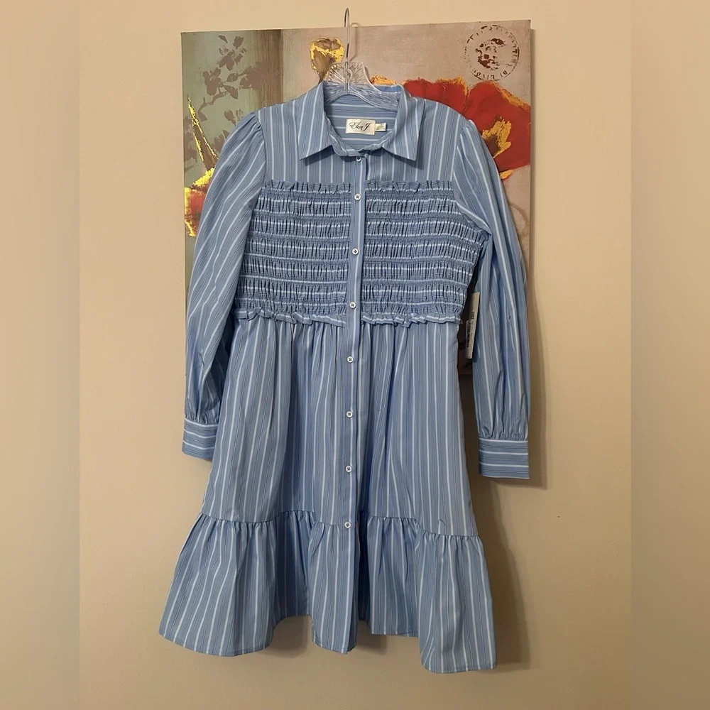 Eliza J Light Blue Striped Long Sleeve Dress Size 6 NWT - Picture 3 of 9